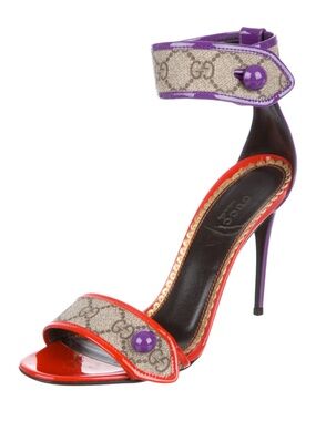 AUTHENTIC GUCCI Red and Purple Monogram Ankle-Strap Heels with dust bag